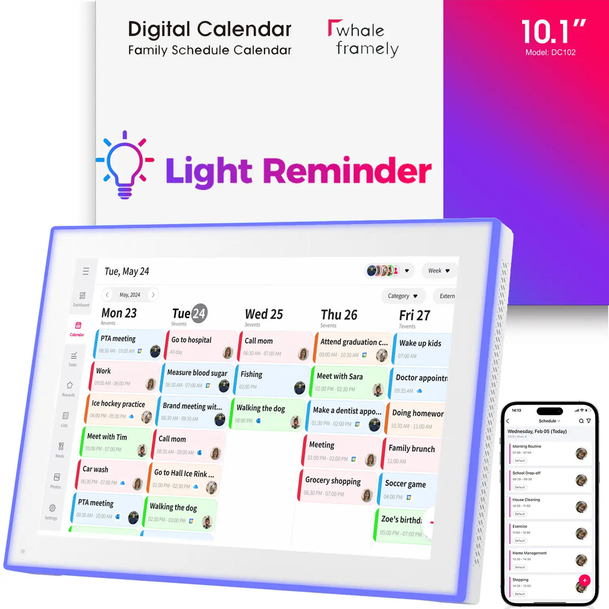 10.1" Digital Calendar & Chore Chart, LED Reminder Light, Smart Family Planner Touchscreen Interactive Display for Family Schedules