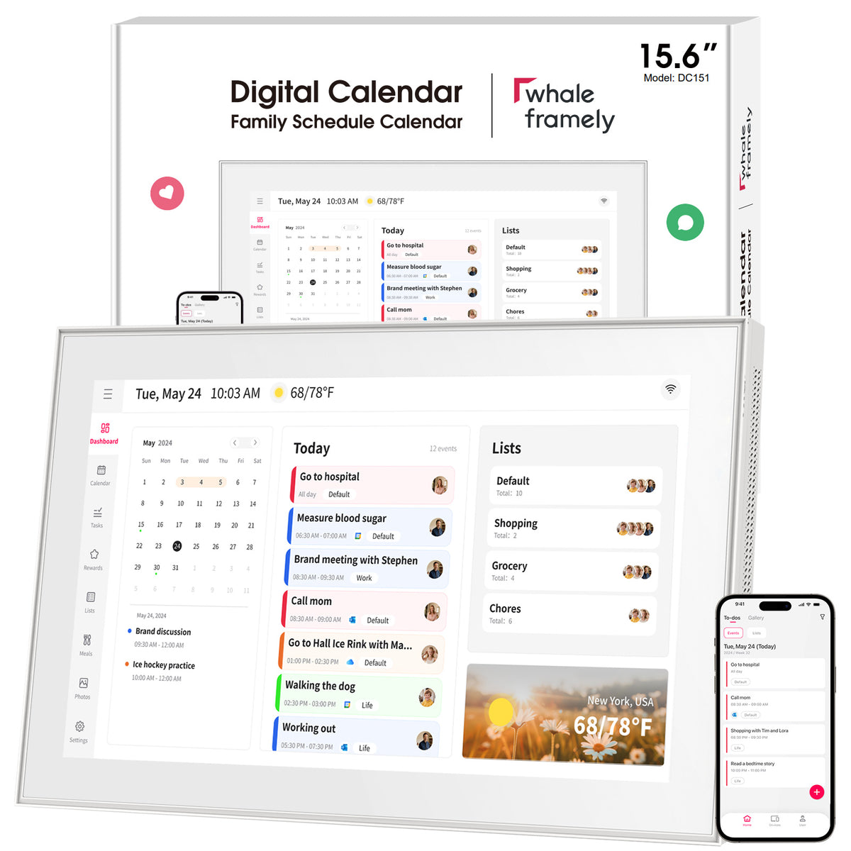 15.6 inch Smart Digital Calendar & Chore Chart, Wall & DeskMount - Smart Family Planner for Daily Schedules, Meal Planning, and Household Organization, Digital Photo Frame Functon