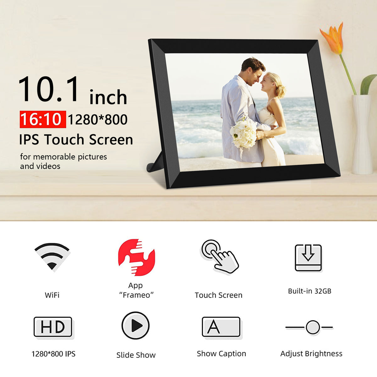 32GB FRAMEO 10.1 Inch Smart WiFi Digital Photo Frame 1280x800 IPS LCD Touch Screen, Auto-Rotate Portrait and Landscape, Built in 32GB Memory, Share Moments Instantly via Frameo App from Anywhere