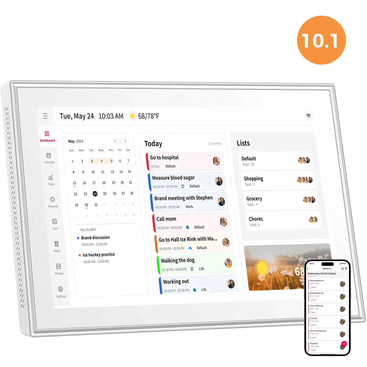 10.1 inch Smart Digital Calendar & Chore Chart, Wall & DeskMount - Smart Family Planner for Daily Schedules, Meal Planning, and Household Organization, Digital Photo Frame Functon